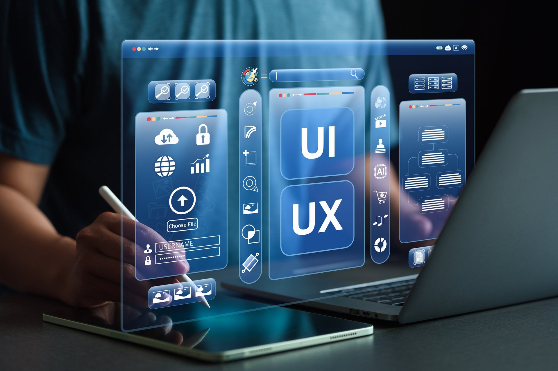 UI/UX design and development concepts — a developer working with virtual screens displaying code, icons, and data