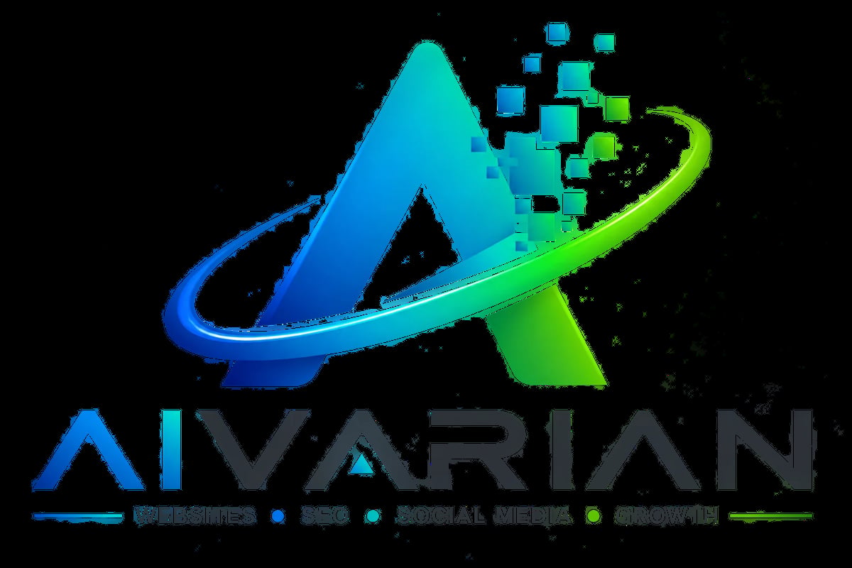 AIVARIAN logo - transparent stylized blue and green letter A with orbiting elements, representing websites, SEO, social media, and growth services