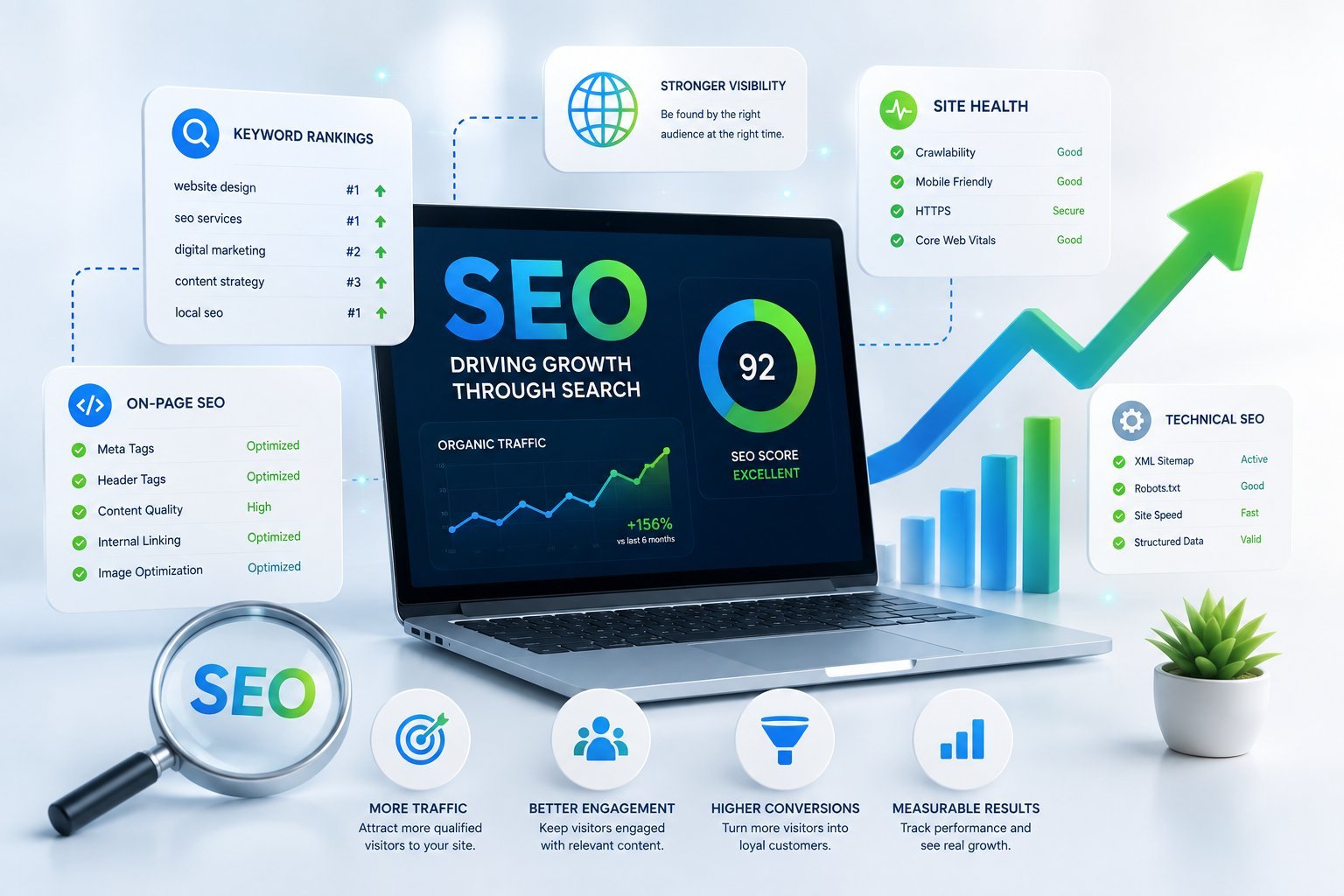 SEO marketing infographic showing laptop screen with growth charts, keyword research tools, site health metrics, and analytics dashboard icons